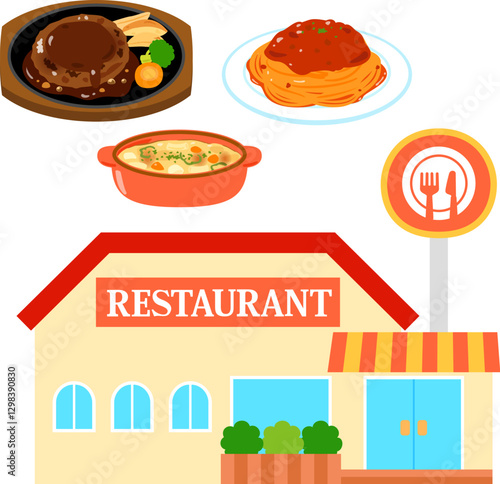 ファミリーレストランの建物のデフォルメイラスト
