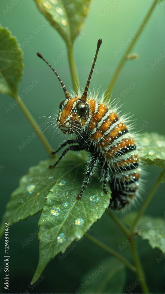 Detailed Close-Up of Colorful Caterpillar on Green Leaf in Natural Outdoor Setting Detailed Close-Up of Colorful Caterpillar on Green Leaf in Natural Outdoor Setting