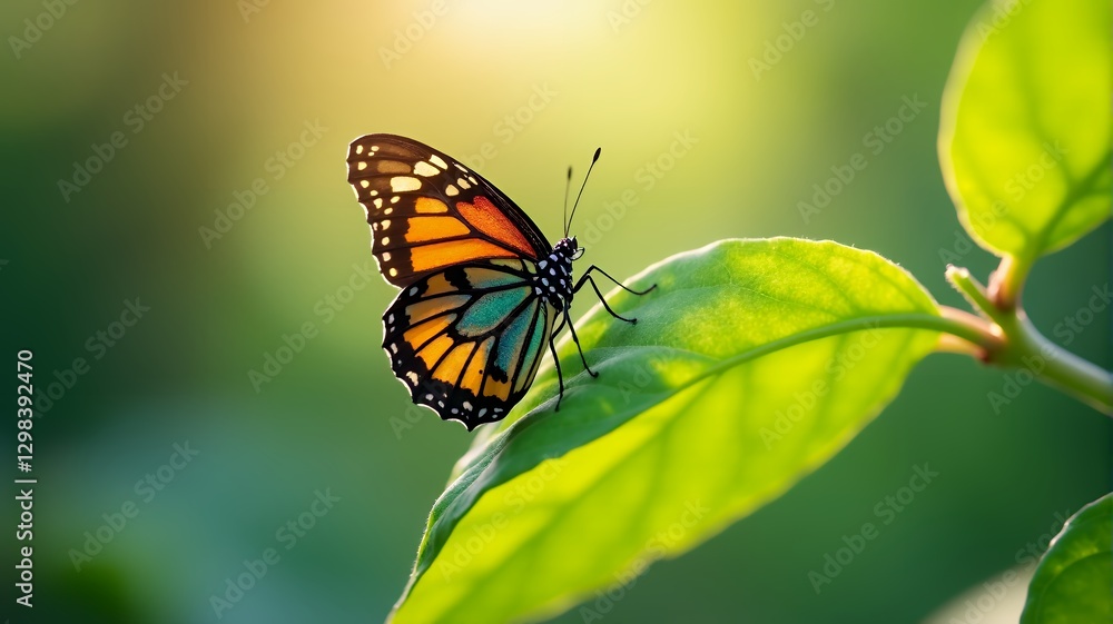 Obraz premium Monarch Butterfly Resting on a Green Leaf