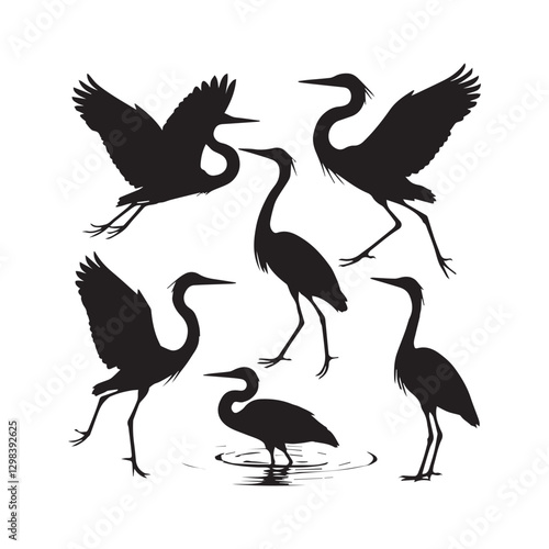 This collection of heron silhouettes showcases the birds in various activities such as flying, fishing, and resting. Designed in a minimalist black and white style white Background