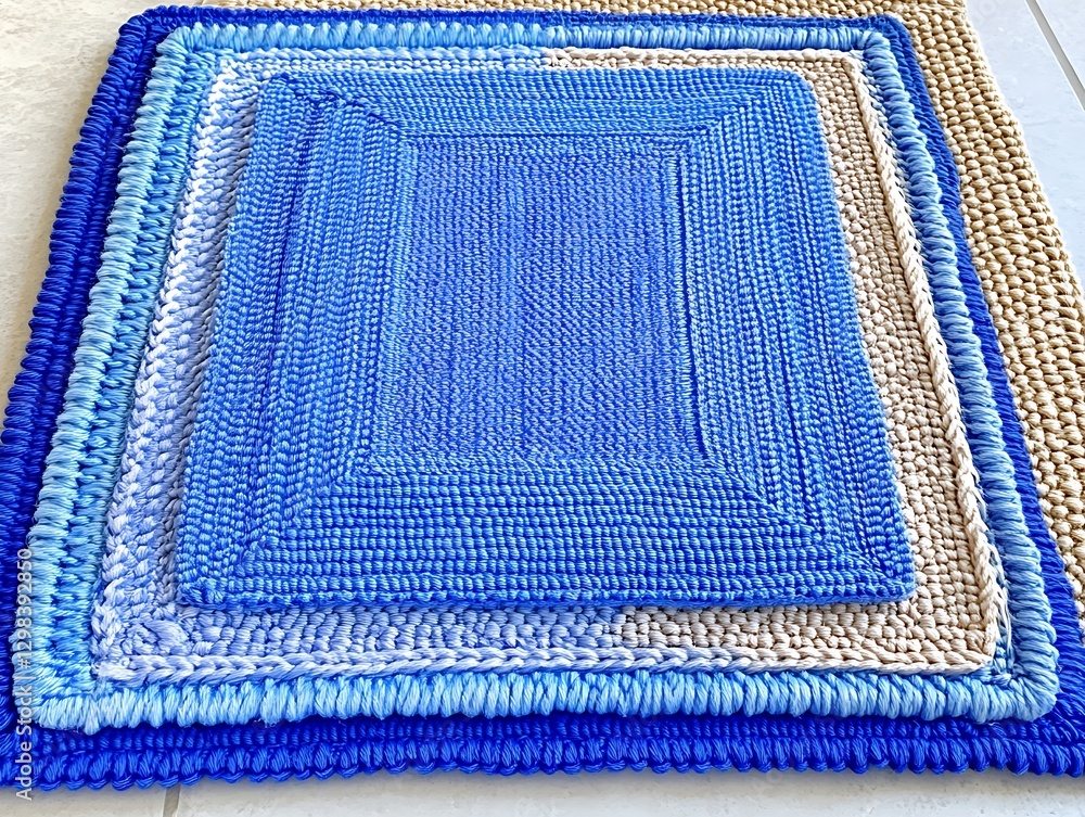 Nested blue knitted rugs, tiled floor Nested blue knitted rugs, tiled floor