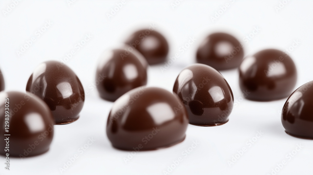 Glossy dark chocolate Easter eggs arranged on a white background Glossy dark chocolate Easter eggs arranged on a white background