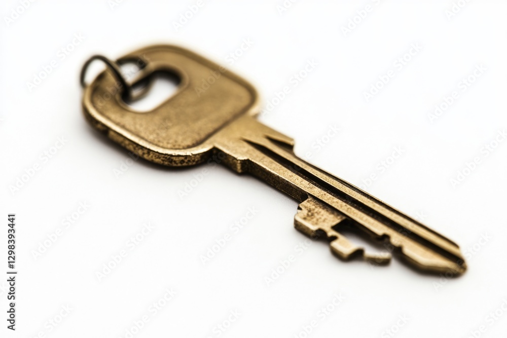 A single key photographed from above on a white background, ideal for use in designs about locks, security, or as a symbol A single key photographed from above on a white background, ideal for use in designs about locks, security, or as a symbol