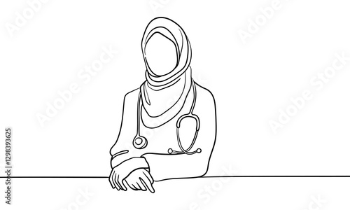 Young muslim doctor woman in burqa, continuous line art drawing. Oriental girl in traditional clothes. Vector illustration isolated on white background 