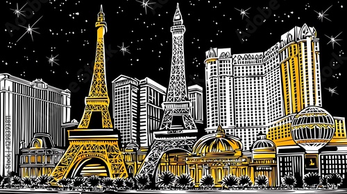 City towers glow under stars, art print for modern travel poster, architecture background