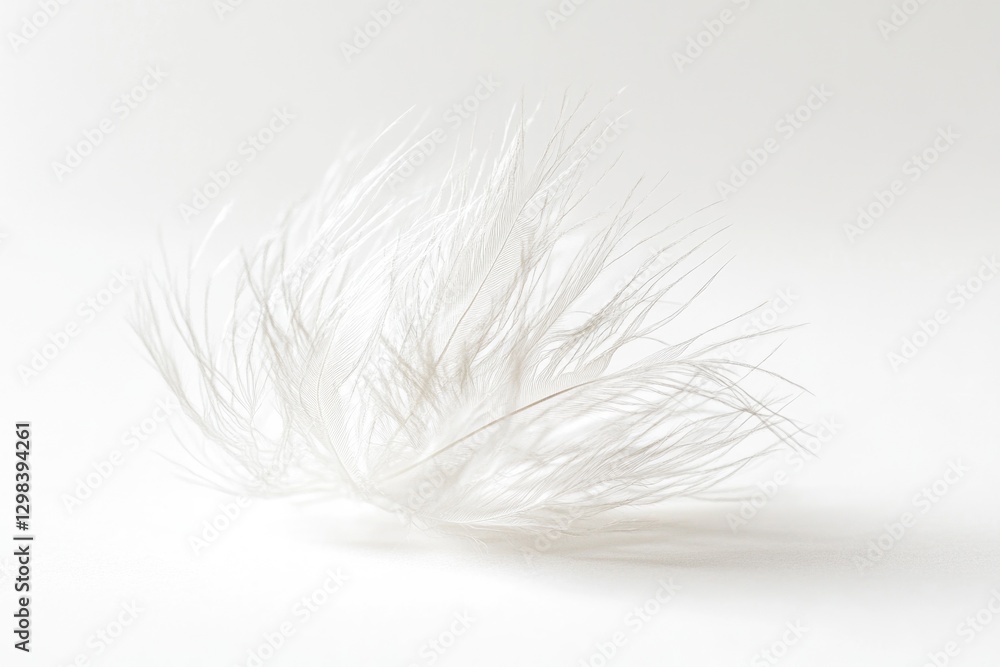 A single white feather lying on a pure white surface A single white feather lying on a pure white surface