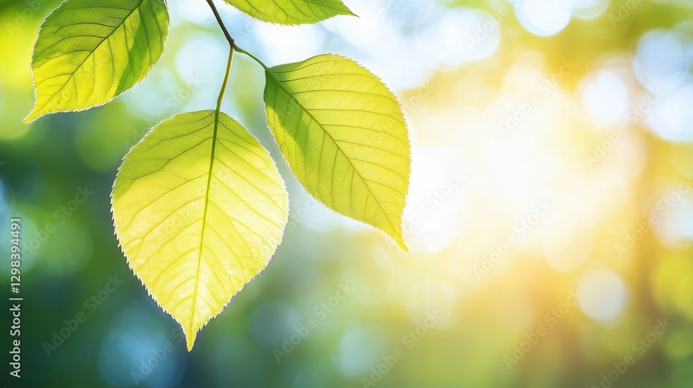 Fresh Green Leaves Against Soft Sunlight Background in Nature Fresh Green Leaves Against Soft Sunlight Background in Nature
