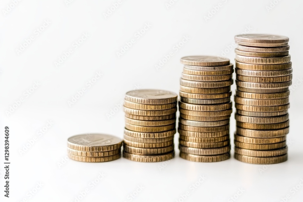 Growing Financial Success: Stacked Coins on White - Financial growth, wealth accumulation, savings, investment, prosperity. Three stacks of coins symbolize increasing financial success over time Growing Financial Success: Stacked Coins on White - Financial growth, wealth accumulation, savings, investment, prosperity. Three stacks of coins symbolize increasing financial success over time