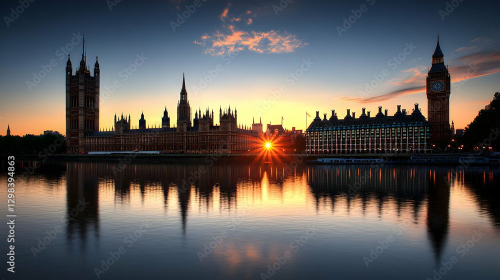 Fototapeta premium Golden Sunset Over London Cityscape Reflecting in the River with Illuminated Architecture