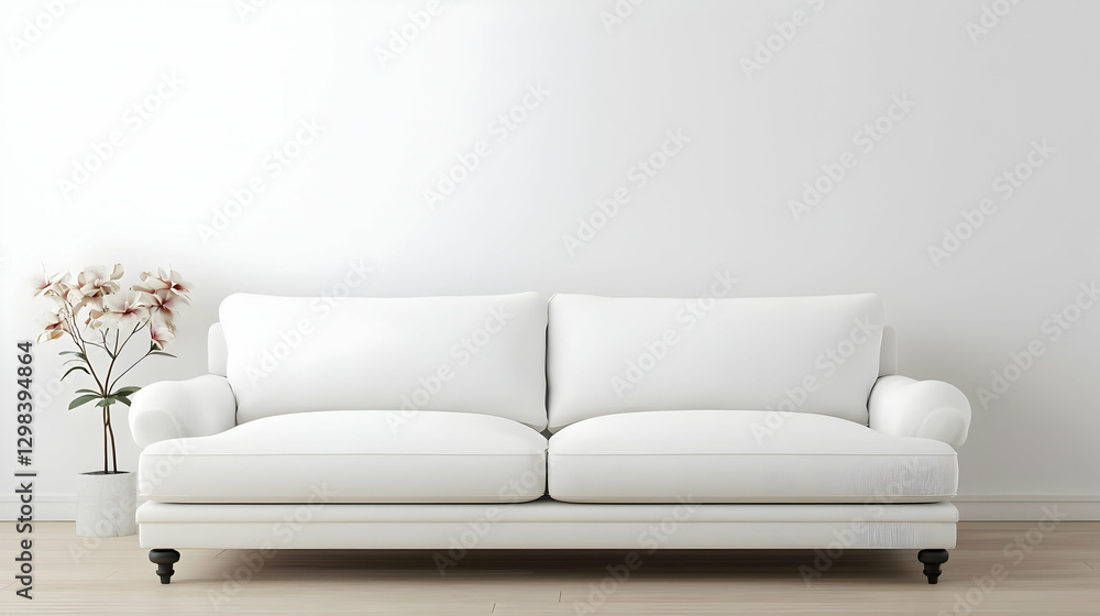 White Modern Sofa Placed Against a Plain White Wall with Wooden Flooring and a Potted Plant White Modern Sofa Placed Against a Plain White Wall with Wooden Flooring and a Potted Plant