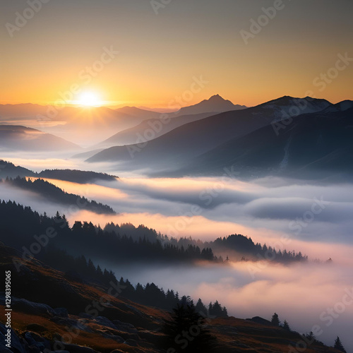Misty mountain landscape at dawn with golden sunlight filtering through