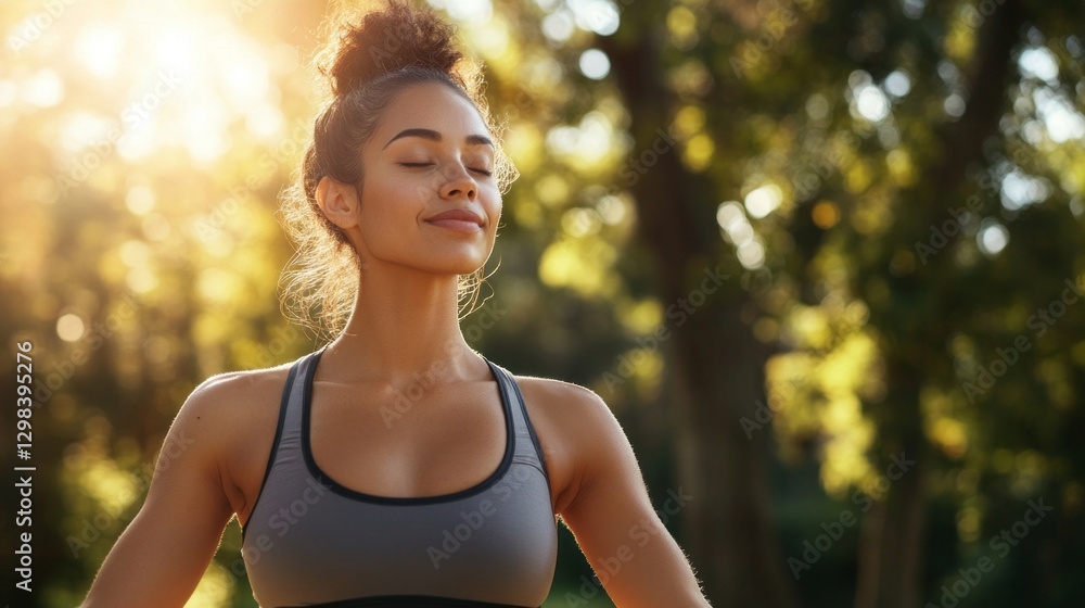 A young woman enjoys a moment of tranquility outdoors, meditating peacefully amidst vibrant greenery and soft sunlight, embracing calm and mindfulness A young woman enjoys a moment of tranquility outdoors, meditating peacefully amidst vibrant greenery and soft sunlight, embracing calm and mindfulness