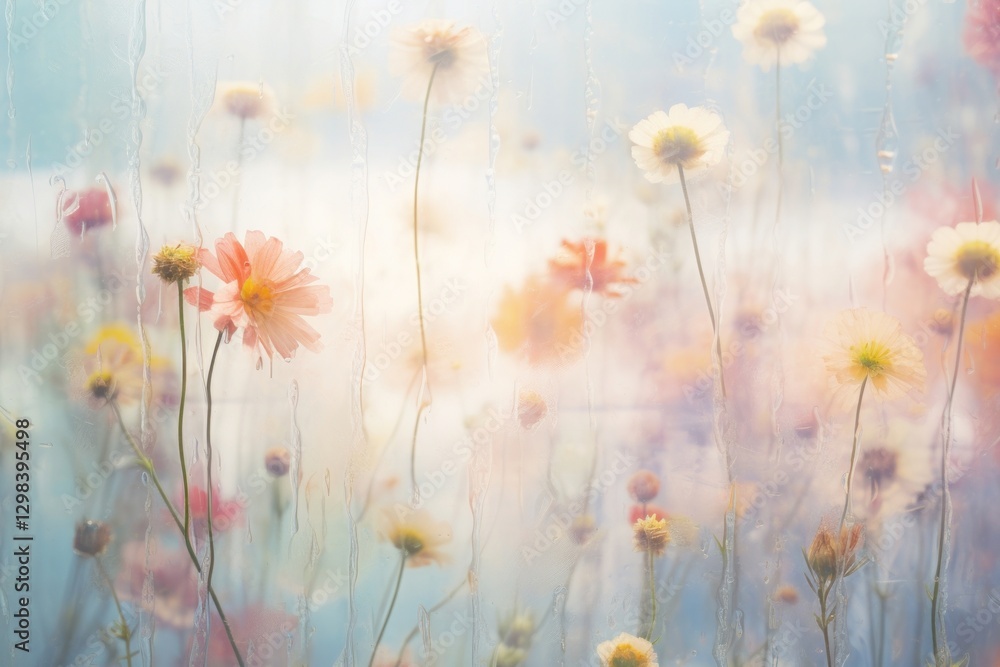 Obraz premium Rain scene with Various flowers asteraceae painting outdoors.