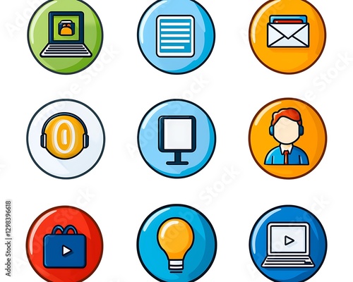 Colorful digital icons on white background for website, presentation, and mobile app design