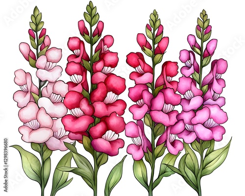Colorful digital snapdragons in a row, isolated on white, for garden design or art
