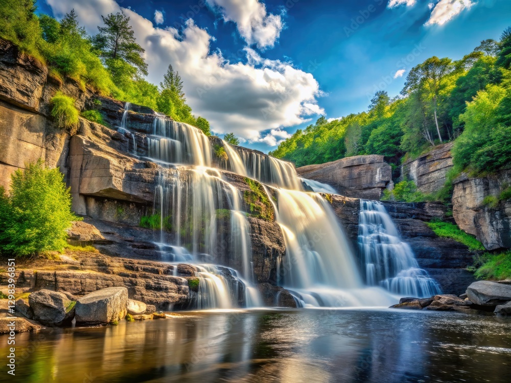 Fototapeta premium Serene High Falls: Minimalist photography captures cascading water, rocky landscape, tranquil beauty.