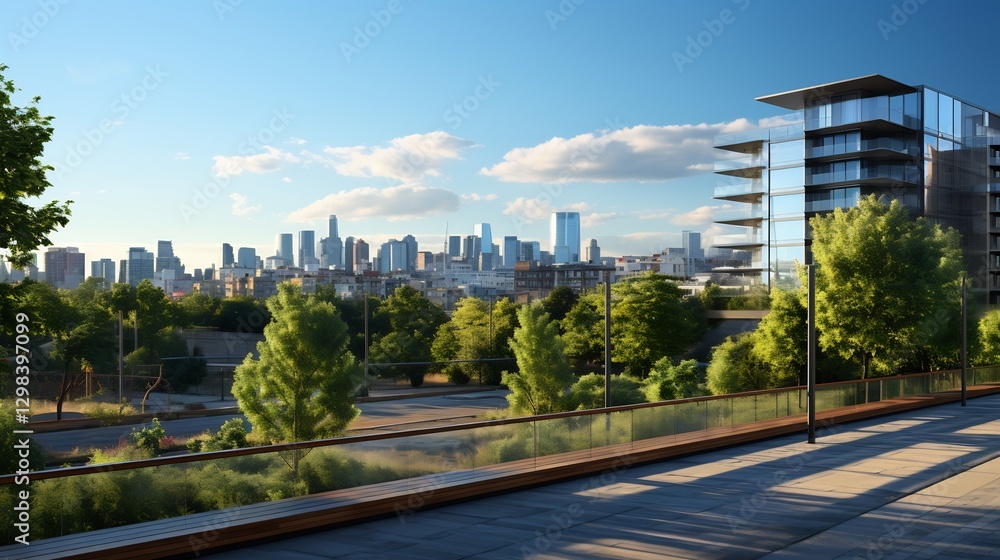 City skyline viewed from modern park pathway City skyline viewed from modern park pathway
