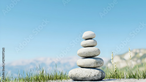 Stone Stack Balanced on Grassy Hillside with Blue Sky Background