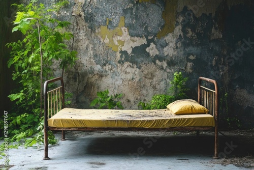A bed sits in a dirty room next to the wall, with a worn-out mattress and messy surroundings
