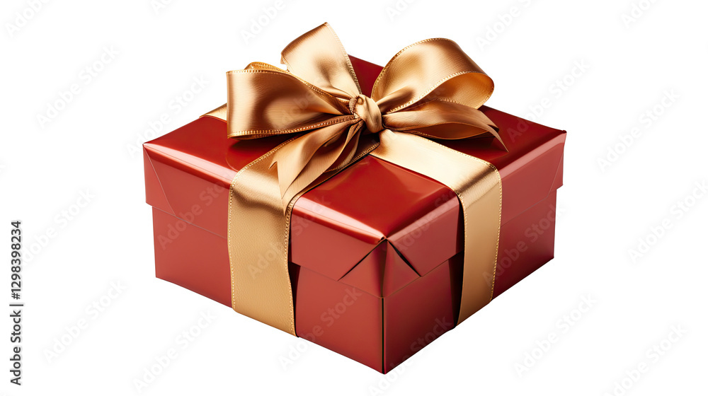 Red gift box with golden ribbon and bow close-up cut-out, clipping path, transparent Red gift box with golden ribbon and bow close-up cut-out, clipping path, transparent