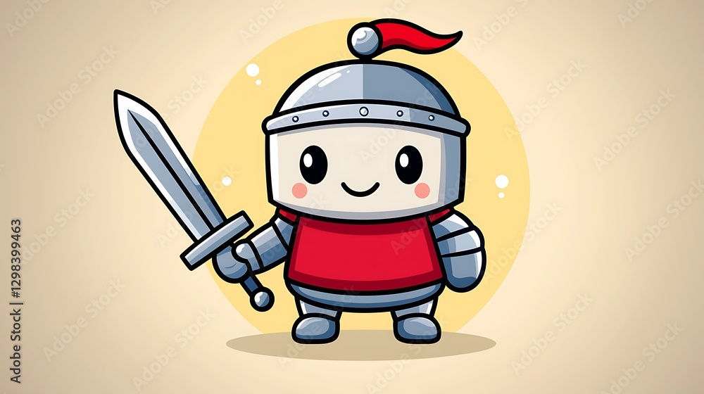 Knight cartoon with sword. Round yellow background. For children, games, books, education use Knight cartoon with sword. Round yellow background. For children, games, books, education use