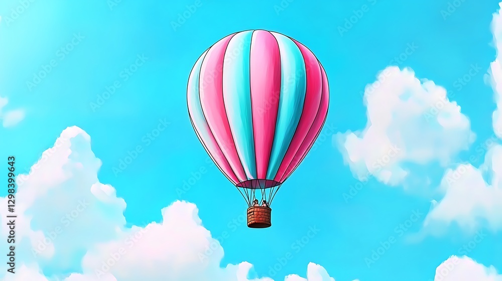 Fototapeta premium Couple flying in hot air balloon, against a bright blue sky with fluffy clouds. Travel, adventure use