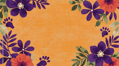 Vibrant Floral Design on Textured Orange Background with Leaves