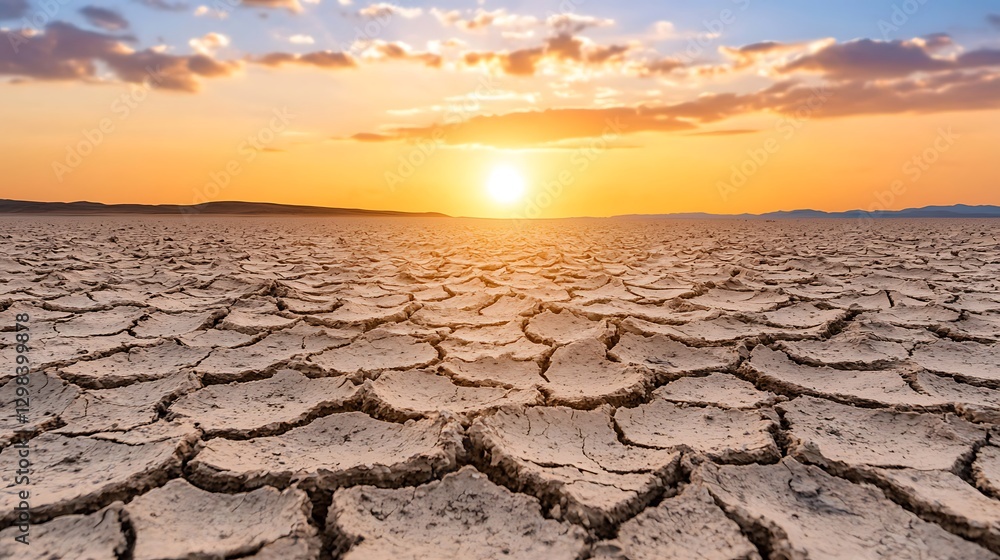 Cracked earth, sunlight at sunset horizon, vast desert landscape, symbolizing drought & climate change use Cracked earth, sunlight at sunset horizon, vast desert landscape, symbolizing drought & climate change use