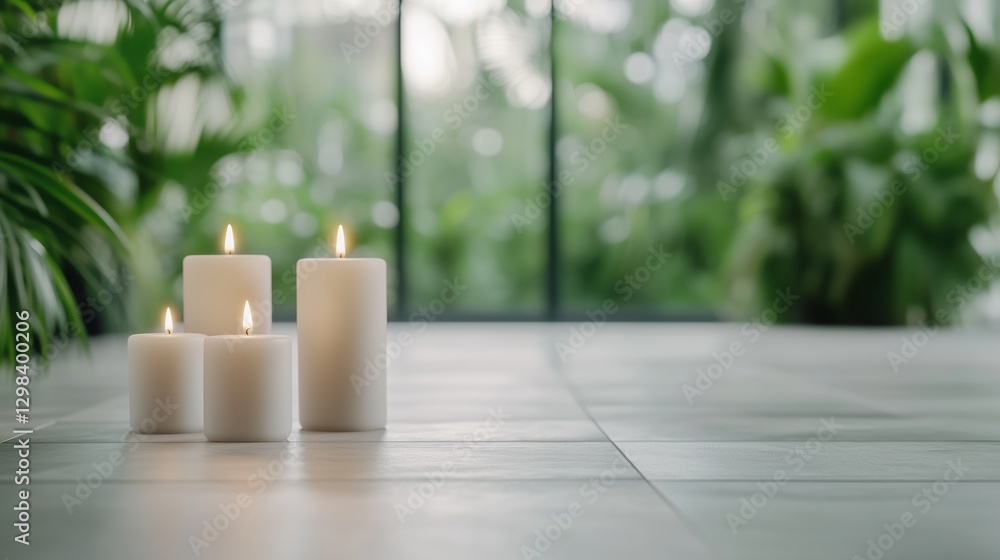 Minimalist scene with three white candles on floor, green plants in background, natural daylight. Calm and relaxation Minimalist scene with three white candles on floor, green plants in background, natural daylight. Calm and relaxation
