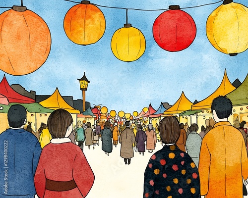 Crowded Asian market fair with lanterns, onlookers enjoying traditional stalls & celebrations