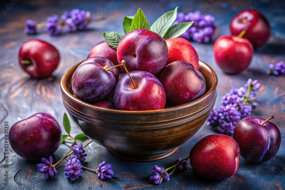Surreal still life: A single, intensely red plum dramatically contrasts a soft lavender background, photographed in high resolution. Surreal still life: A single, intensely red plum dramatically contrasts a soft lavender background, photographed in high resolution.