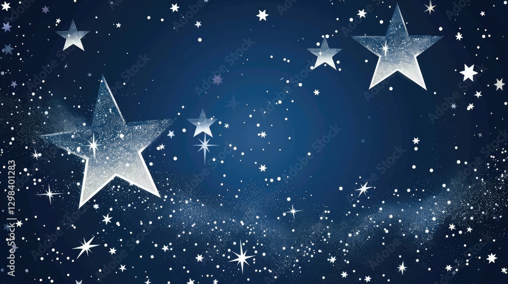 Obraz premium Sparkling silver stars and twinkling lights on deep blue night sky background with space for text