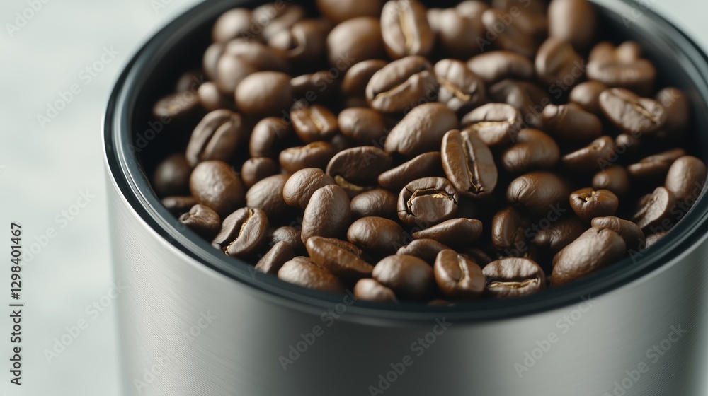 Fototapeta premium Tin container filled with roasted coffee beans, aromatic and fresh. Concept of caffeine, energy, and coffee culture