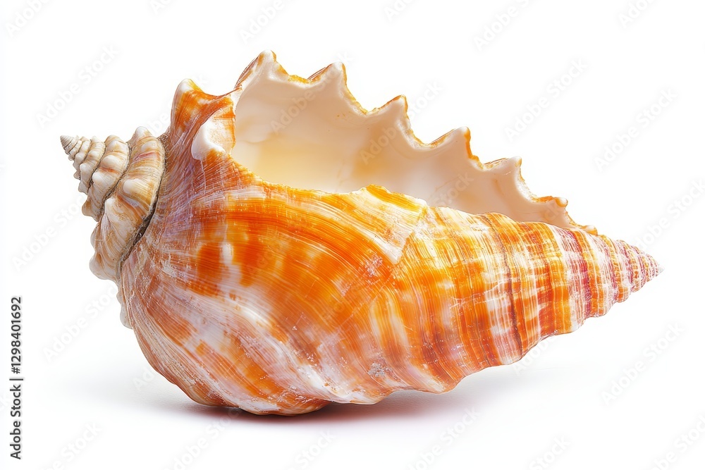 Orange and White Seashell on White Background - A detailed close-up of a large, orange and white seashell against a bright white background Orange and White Seashell on White Background - A detailed close-up of a large, orange and white seashell against a bright white background