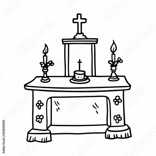 Simple Hand Drawn Church Altar with Candles and Cross Illustration