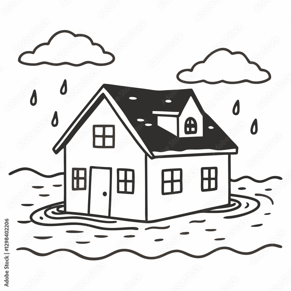 Simple Illustration of Flooded House with Rain Clouds and Water Simple Illustration of Flooded House with Rain Clouds and Water