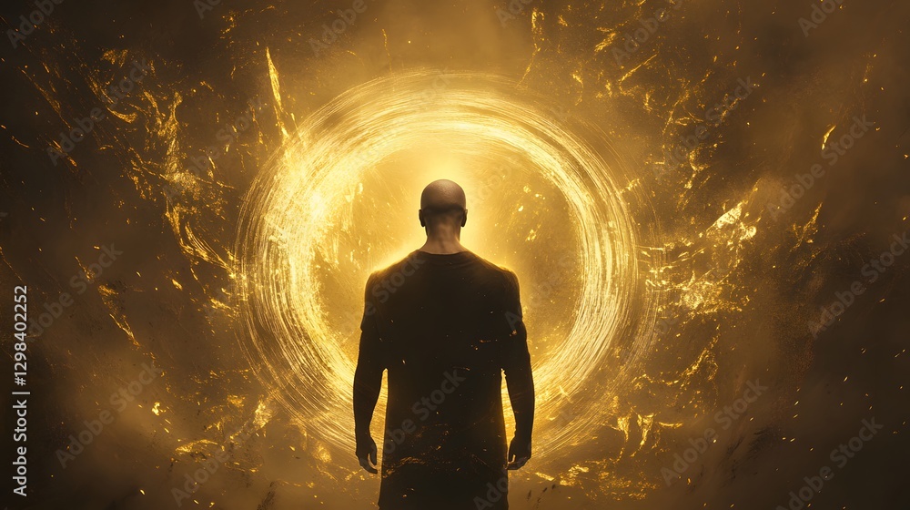Confident Bald Figure Standing Before a Golden Mystical Portal Confident Bald Figure Standing Before a Golden Mystical Portal