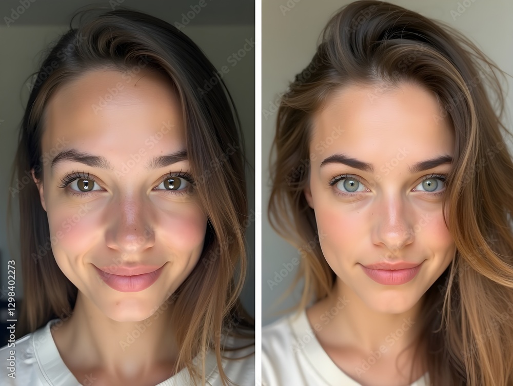 split image showcases the difference between a young womans authentic appearance and her curated social media persona emphasizing the contrast between reality and online representation. split image showcases the difference between a young womans authentic appearance and her curated social media persona emphasizing the contrast between reality and online representation.