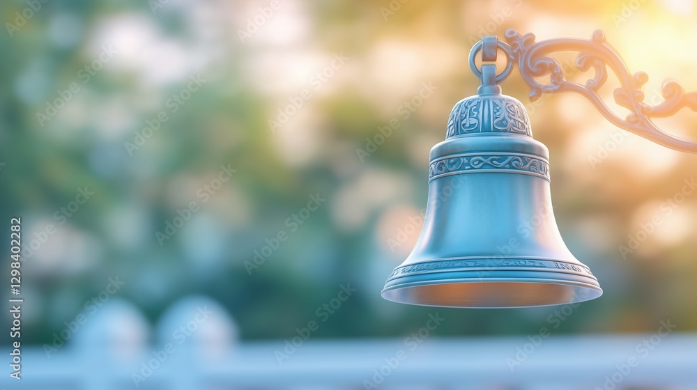 Obraz premium Elegant metal bell hanging outdoors with soft golden sunlight filtering through trees. Serenity and nostalgia concept.