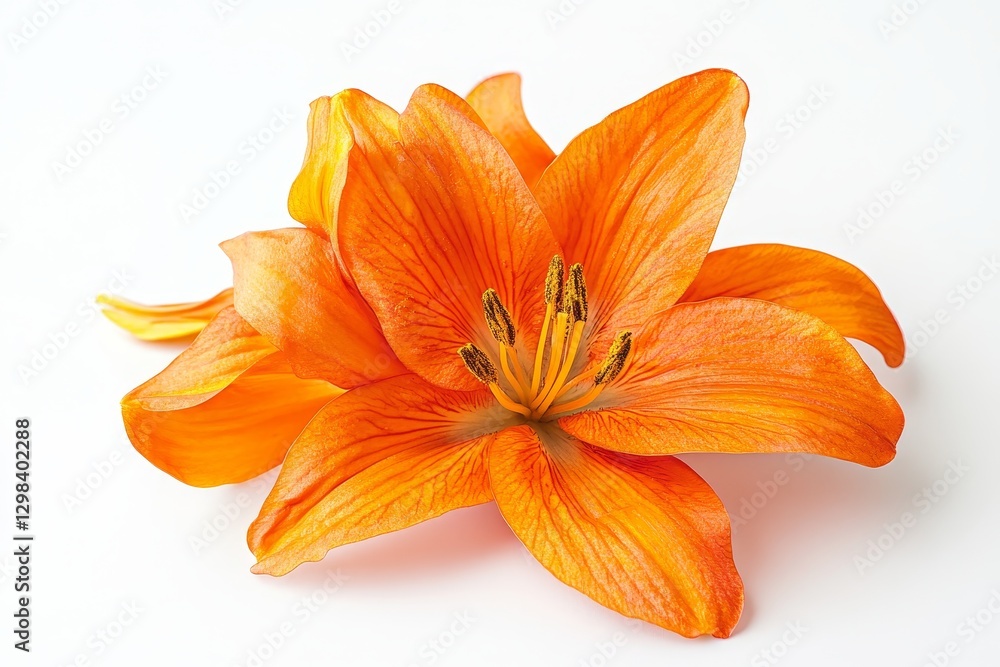 Fototapeta premium Orange Lily Flower on White Background - Vibrant orange lily, symbolizing passion, beauty, joy, elegance, and summer. A stunning floral perfect for various uses