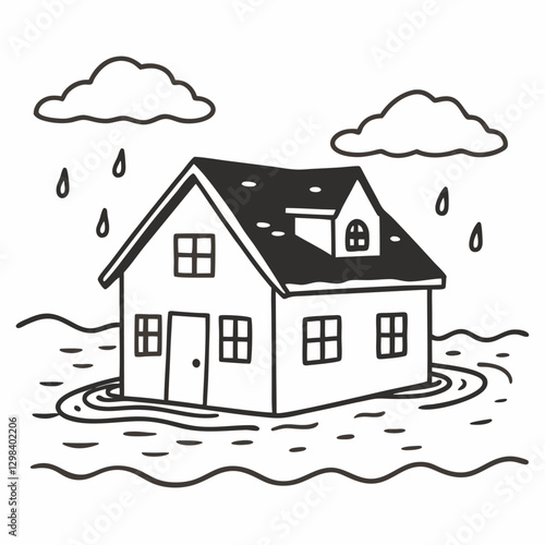 Simple Illustration of Flooded House with Rain Clouds and Water