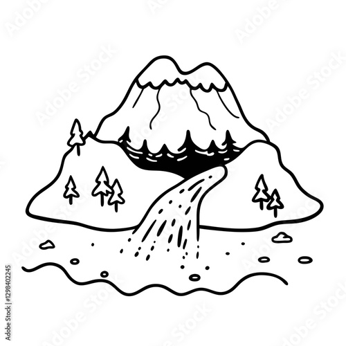 Minimalist Mountain Landscape with River and Trees in Black and White