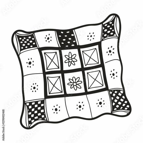 Hand Drawn Patchwork Quilt Design with Floral and Geometric Patterns