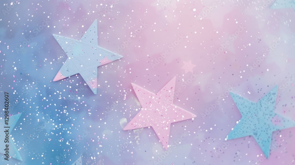 Obraz premium Pastel gradient background with sparkling blue and pink glitter stars and white dots for festive or fantasy design