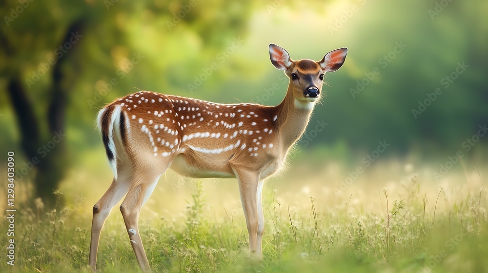 A graceful young deer stands in a sunlit meadow surrounded by vibrant greenery. A graceful young deer stands in a sunlit meadow surrounded by vibrant greenery.