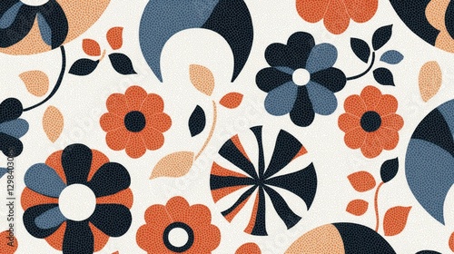 Colorful Floral Pattern with Retro Design Elements on White Background