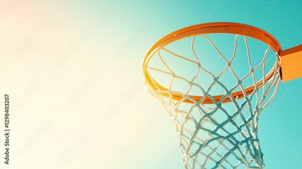 Basketball hoop with net against a blue sky, warm sunlight on the rim, minimalistic composition. Sports and active lifestyle. Basketball hoop with net against a blue sky, warm sunlight on the rim, minimalistic composition. Sports and active lifestyle.