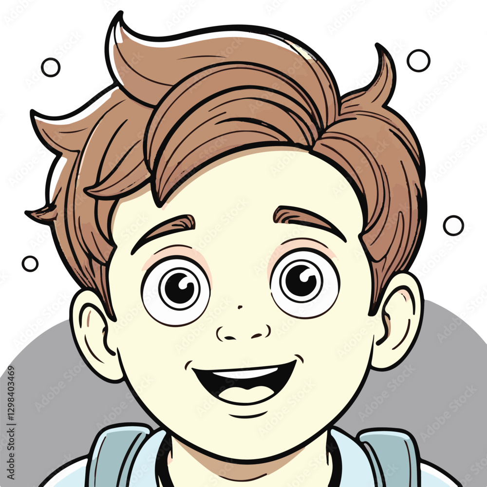 Cheerful Cartoon Boy Portrait with Wide-Eyed Expression Cheerful Cartoon Boy Portrait with Wide-Eyed Expression