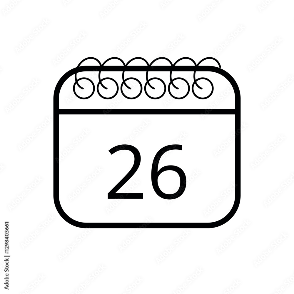 Simple calendar icon in outline isolated on white background with specific day marked for websites and graphic resources, day 26. Simple calendar icon in outline isolated on white background with specific day marked for websites and graphic resources, day 26.