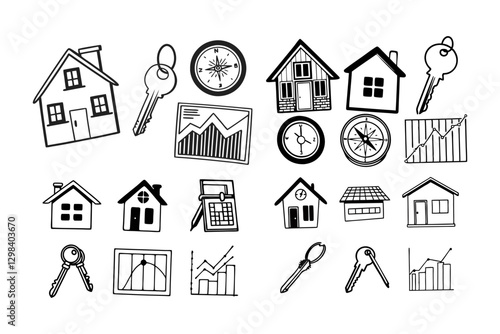 Clip art of house motif. Illustration of simple line drawing.